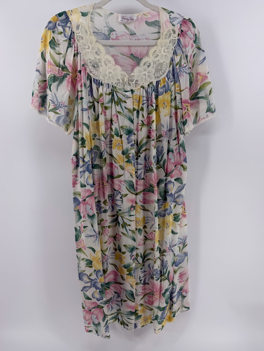 Vintage Vanity Fair Made in USA Floral Lace Button Front Nightgown Robe, Medium